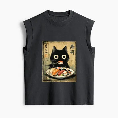 Tokyo-Tiger Vintage Japanese Sushi Cat Women's Washed Tank Tops