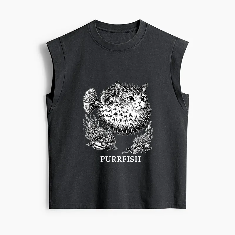 Tokyo-Tiger Spiky Puffer With Cute Cat Head Women's Washed Tank Tops