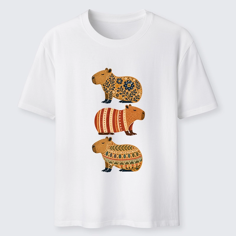 Tokyo-Tiger Folk Floral Striped Capybara Trio Print Classic T-Shirt