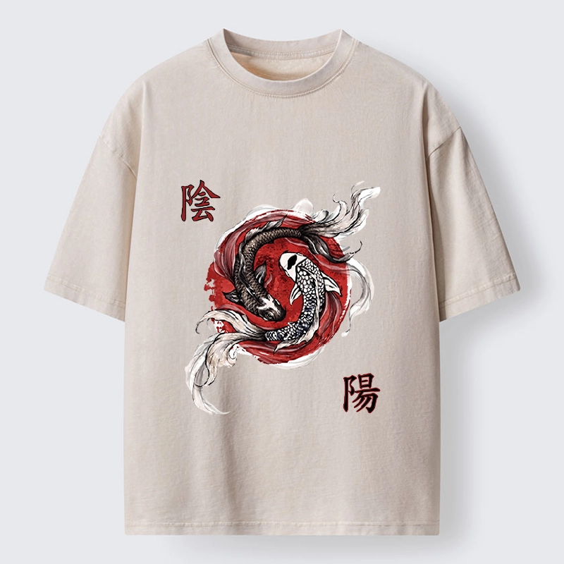 Tokyo-Tiger Red Ink Twin Koi Fish Harmony Washed T-Shirt