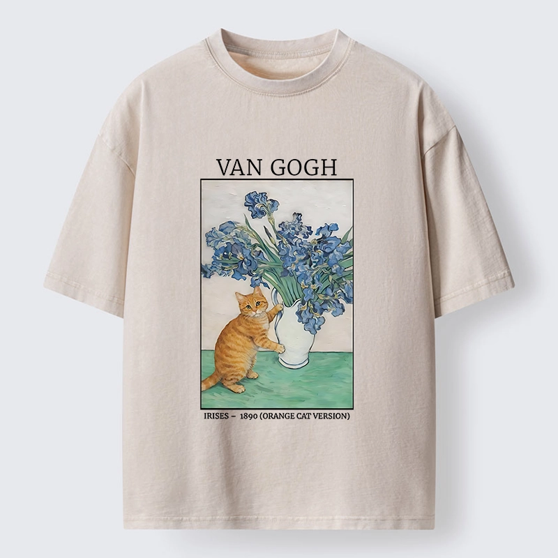 Tokyo-Tiger Orange Cat Touches Van Gogh Irises Washed T-Shirt