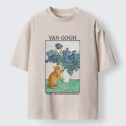 Tokyo-Tiger Orange Cat Touches Van Gogh Irises Washed T-Shirt