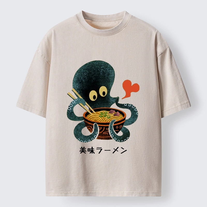 Tokyo-Tiger Octopus Uses Chopsticks For Ramen Washed T-Shirt 