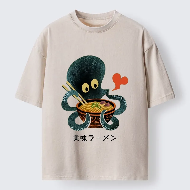 Tokyo-Tiger Octopus Uses Chopsticks For Ramen Washed T-Shirt Sale