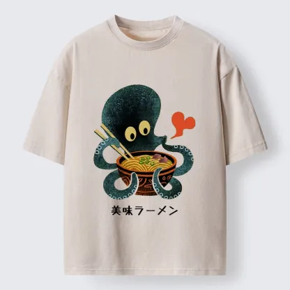 Tokyo-Tiger Octopus Uses Chopsticks For Ramen Washed T-Shirt 