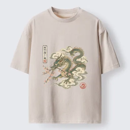 Tokyo-Tiger Ancient Dragon Holds Pink Sakura Blooms Washed T-Shirt 