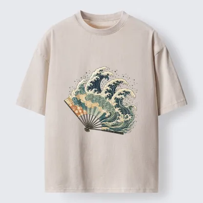 Tokyo-Tiger Wave Fan Classic Japanese Ukiyo E Art Washed T-Shirt