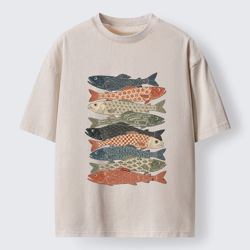 Tokyo-Tiger Patterned Stack Fish Japanese Block Print Washed T-Shirt