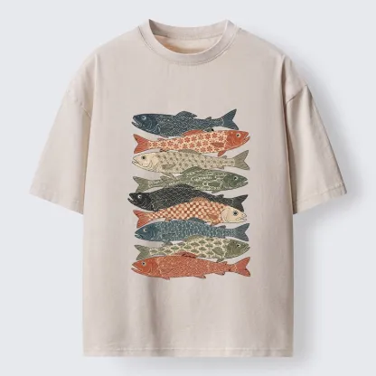 Tokyo-Tiger Patterned Stack Fish Japanese Block Print Washed T-Shirt