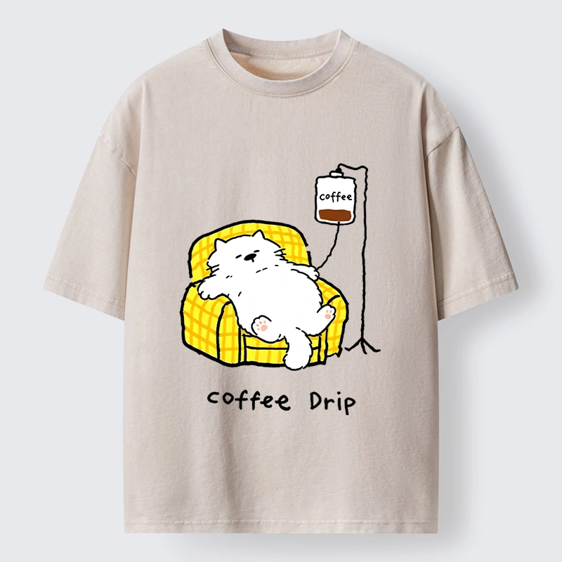 Tokyo-Tiger Fluffy Cat Needs Coffee Drip Art Washed T-Shirt