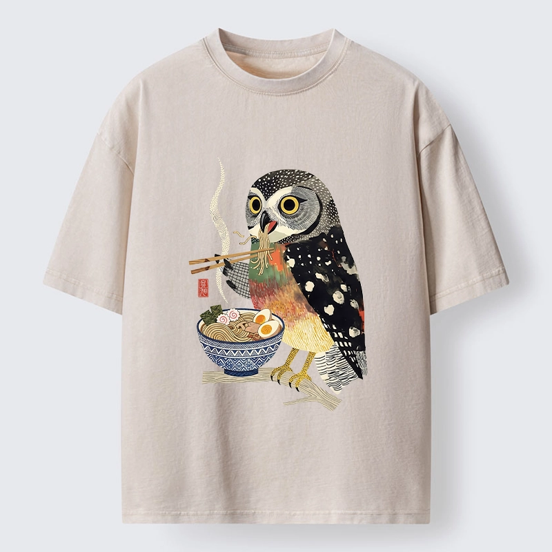 Tokyo-Tiger Owl Slurps Hot Ramen Japan Art Washed T-Shirt