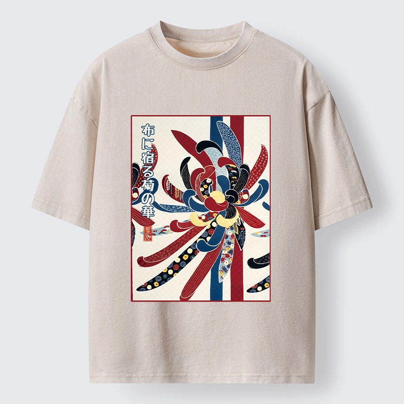 Tokyo-Tiger Traditional Oriental Big Flower Ukiyo Print Washed T-Shirt