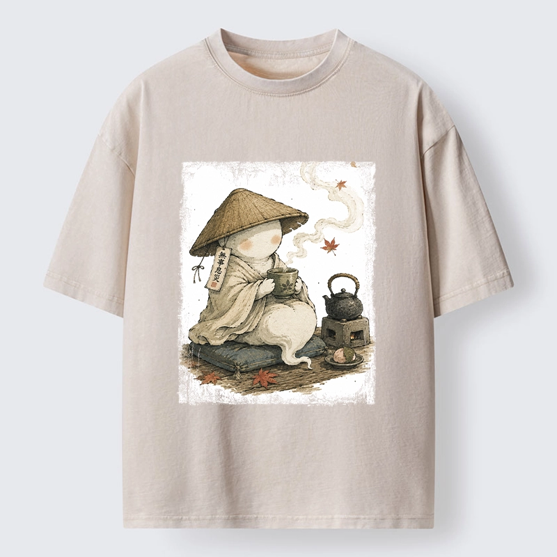 Tokyo-Tiger Cute Ghost Peaceful Tea Time Art Washed T-Shirt