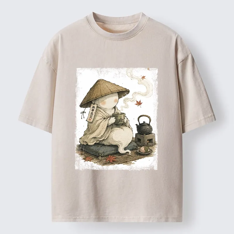 Tokyo-Tiger Cute Ghost Peaceful Tea Time Art Washed T-Shirt