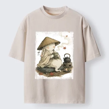 Tokyo-Tiger Cute Ghost Peaceful Tea Time Art Washed T-Shirt