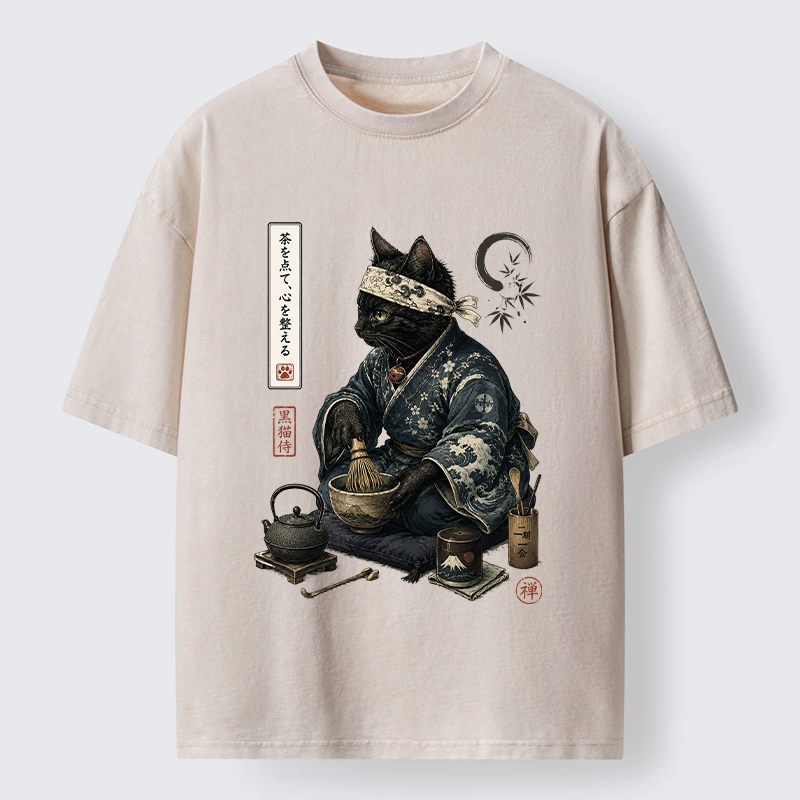 Tokyo-Tiger Samurai Cat Makes Matcha Tea Art Washed T-Shirt