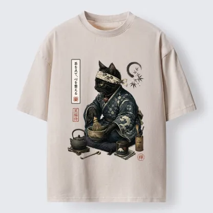 Tokyo-Tiger Samurai Cat Makes Matcha Tea Art Washed T-Shirt