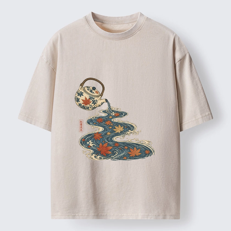 Tokyo-Tiger Maple Tea Pot Flowing River Ukiyo Art Washed T-Shirt