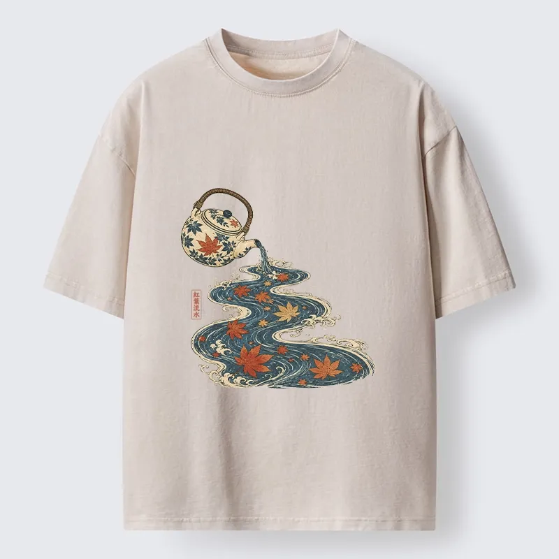 Tokyo-Tiger Maple Tea Pot Flowing River Ukiyo Art Washed T-Shirt