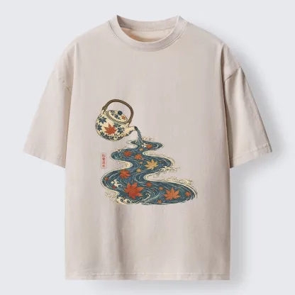 Tokyo-Tiger Maple Tea Pot Flowing River Ukiyo Art Washed T-Shirt
