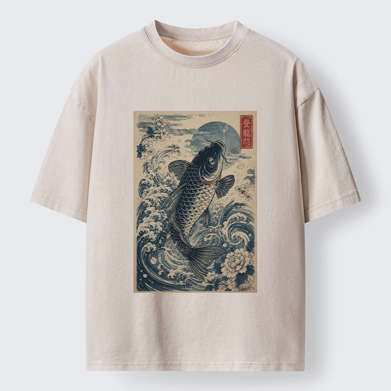 Tokyo-Tiger Vintage Ukiyo Koi Wave Flower Graphic Washed T-Shirt