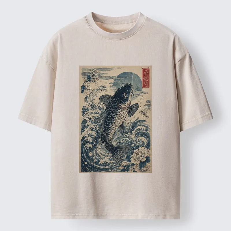 Tokyo-Tiger Vintage Ukiyo Koi Wave Flower Graphic Washed T-Shirt