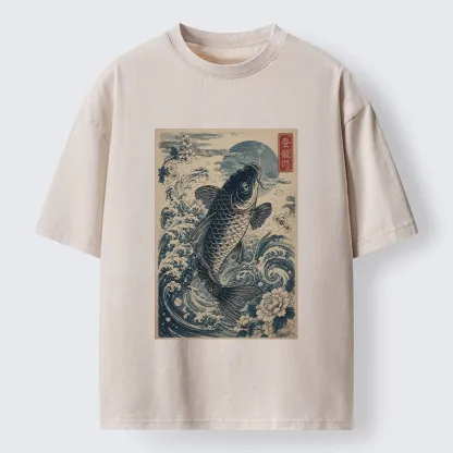 Tokyo-Tiger Vintage Ukiyo Koi Wave Flower Graphic Washed T-Shirt