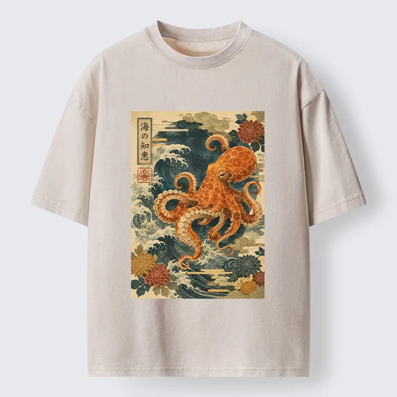 Tokyo-Tiger Wise Octopus Sea Wave Ukiyo E Art Washed T-Shirt