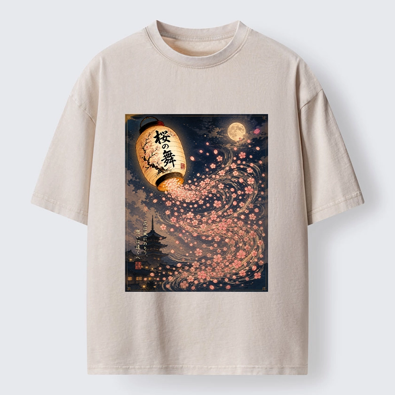 Tokyo-Tiger Sakura Wind Flows From Paper Lantern Graphic Washed T-Shirt