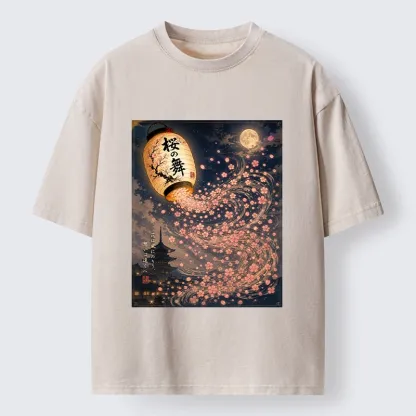 Tokyo-Tiger Sakura Wind Flows From Paper Lantern Graphic Washed T-Shirt