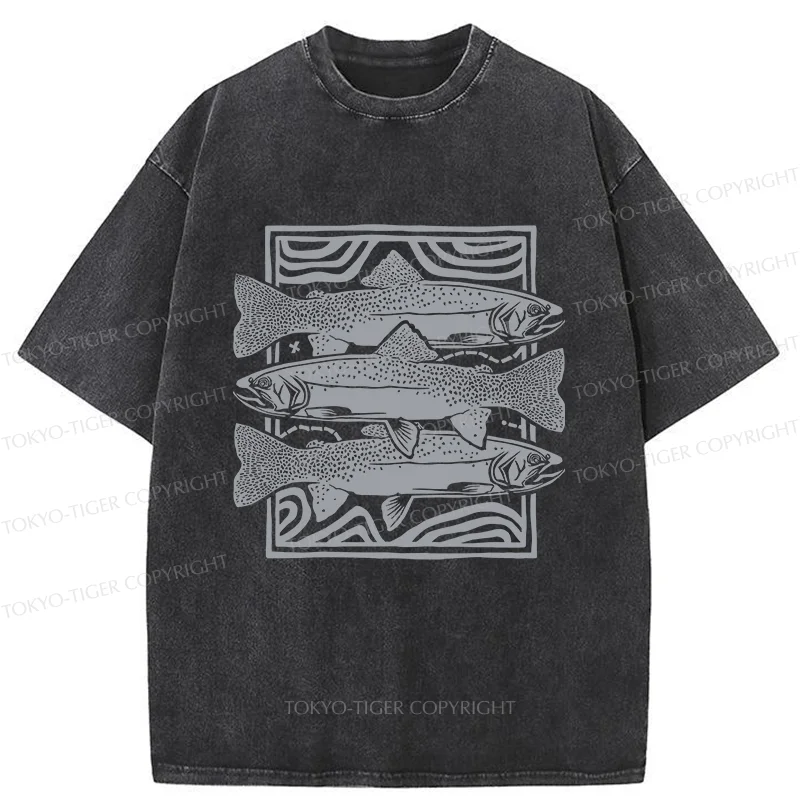 Tokyo-Tiger Big Fish Woodcut Washed T-Shirt