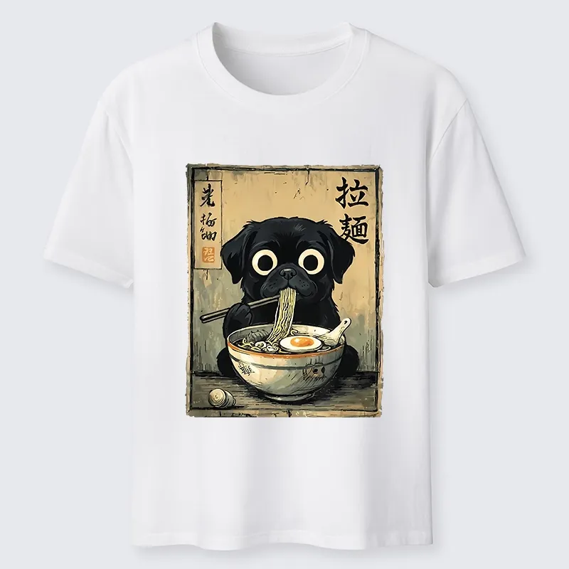Tokyo-Tiger Cute Black Dog Eating Hot Ramen Classic T-Shirt