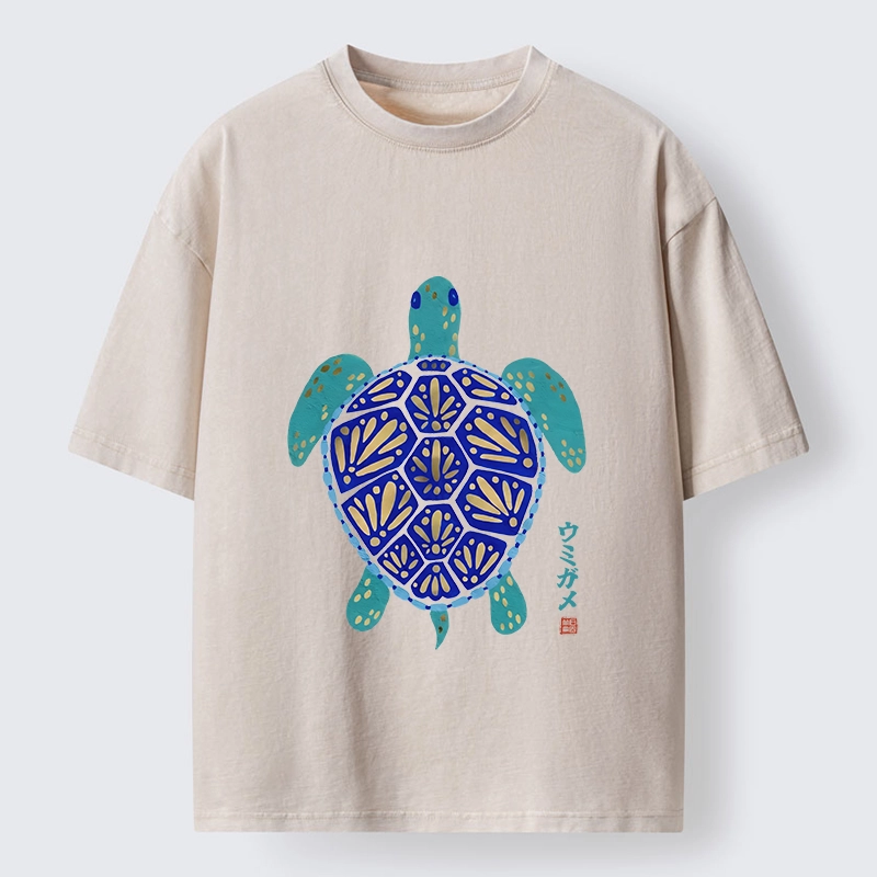 Tokyo-Tiger Blue Gold Sea Turtle Japanese Art Print Washed T-Shirt