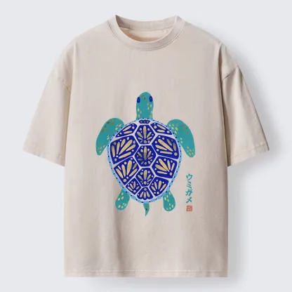 Tokyo-Tiger Blue Gold Sea Turtle Japanese Art Print Washed T-Shirt