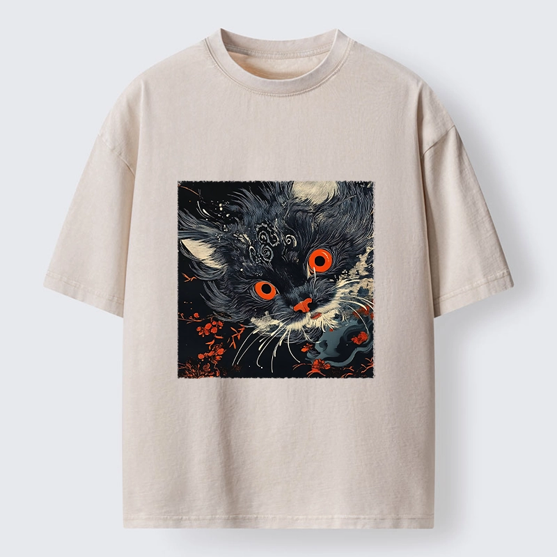 Tokyo-Tiger Soft Fluffy Black Cat Vintage Oriental Print Washed T-Shirt