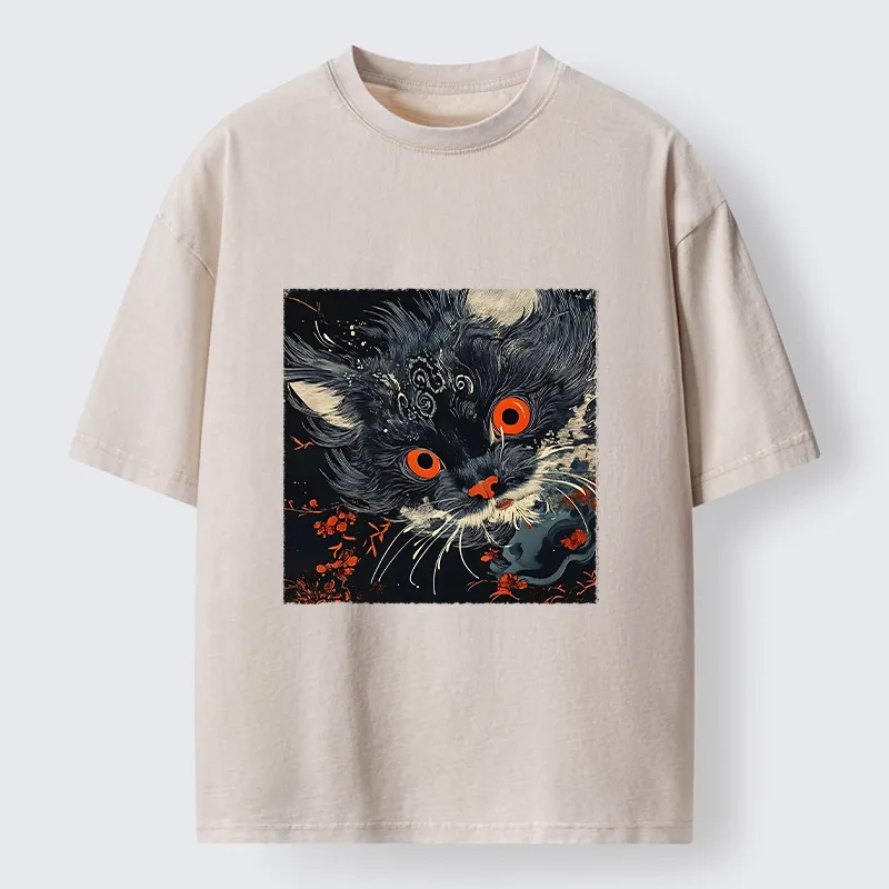 Tokyo-Tiger Soft Fluffy Black Cat Vintage Oriental Print Washed T-Shirt