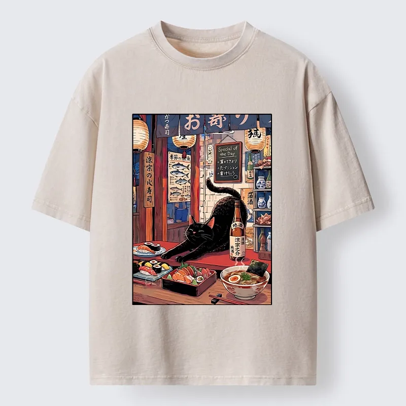 Tokyo-Tiger Warm Lantern Izakaya Black Cat Food Art Print Washed T-Shirt