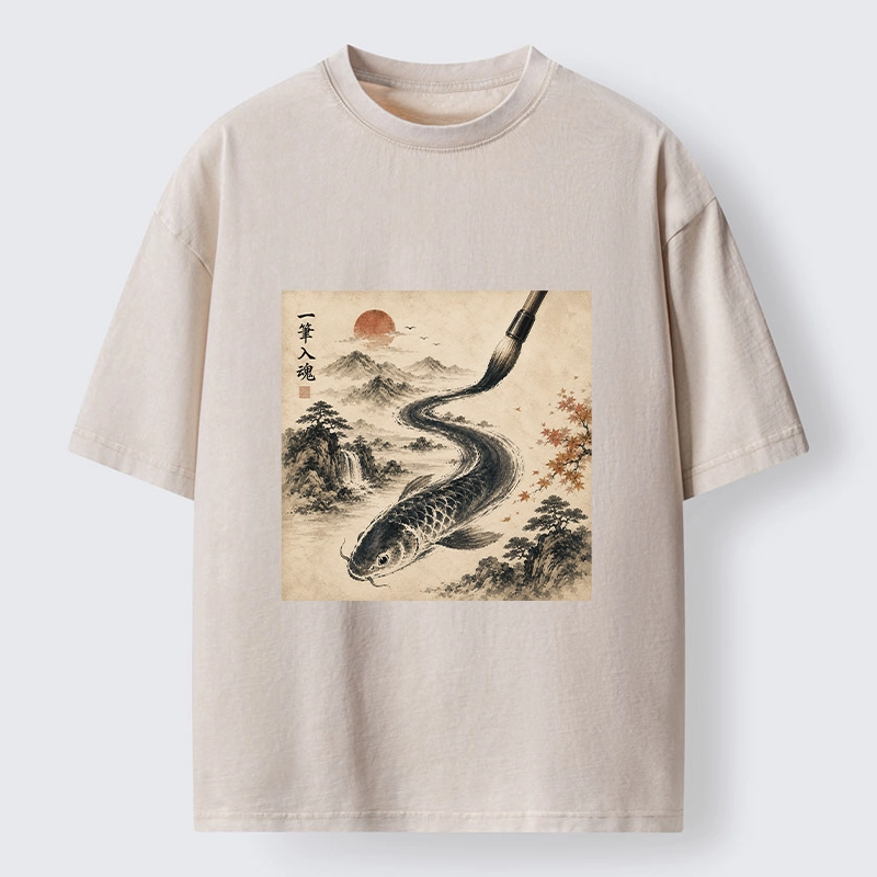 Tokyo-Tiger Autumn Mountain Ink Carp Brush Design Washed T-Shirt