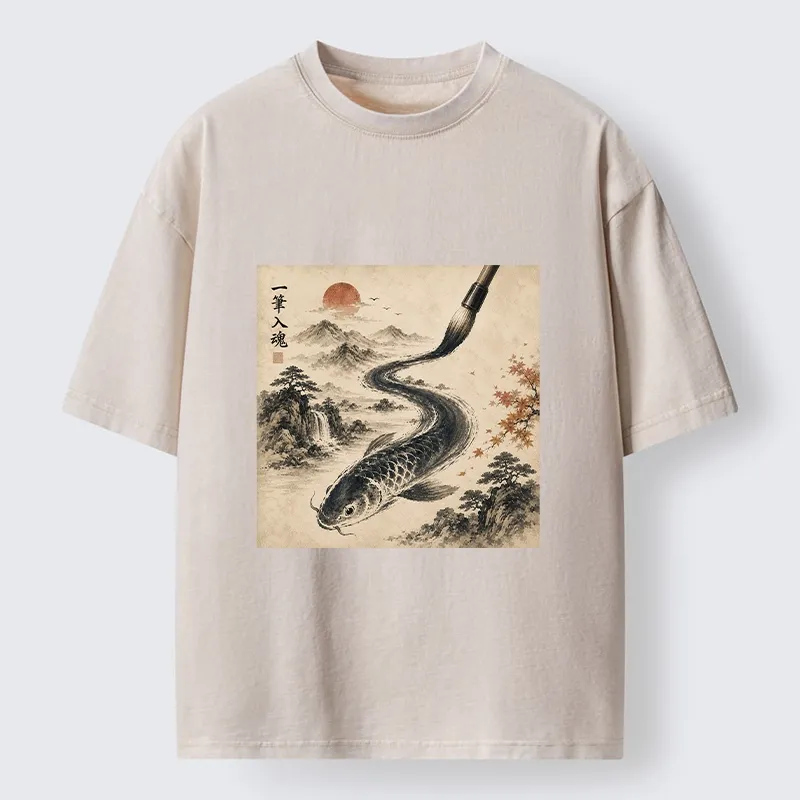 Tokyo-Tiger Autumn Mountain Ink Carp Brush Design Washed T-Shirt