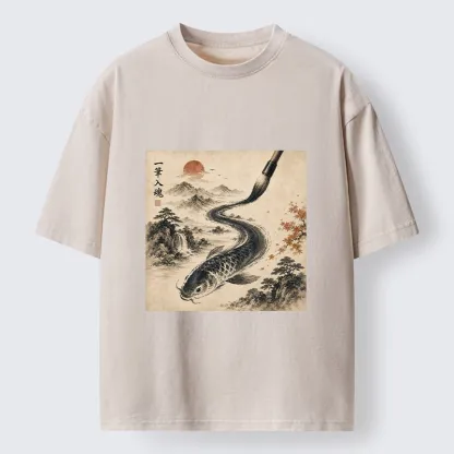 Tokyo-Tiger Autumn Mountain Ink Carp Brush Design Washed T-Shirt