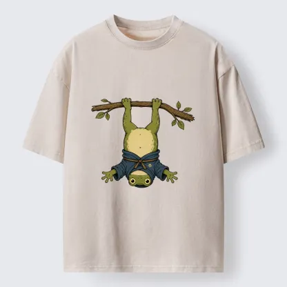 Tokyo-Tiger Relaxed Tree Frog Loose Blue Robe Graphic Washed T-Shirt