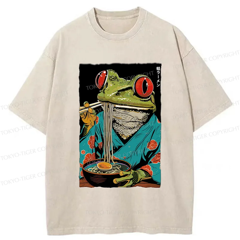 Tokyo-Tiger Frog Monster Eating Ramen Washed T-Shirt
