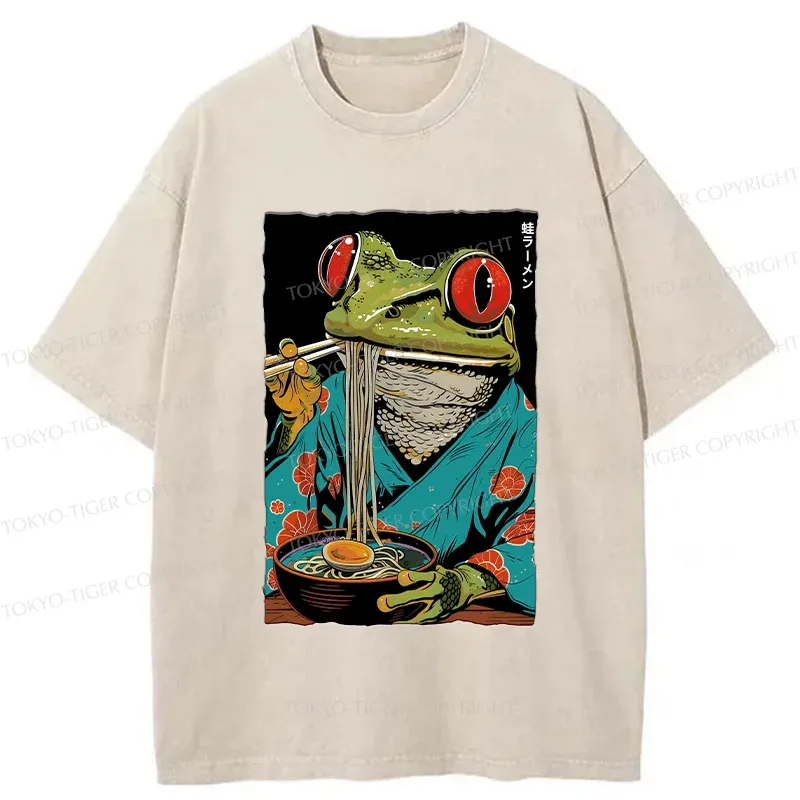 Tokyo-Tiger Frog Monster Eating Ramen Washed T-Shirt