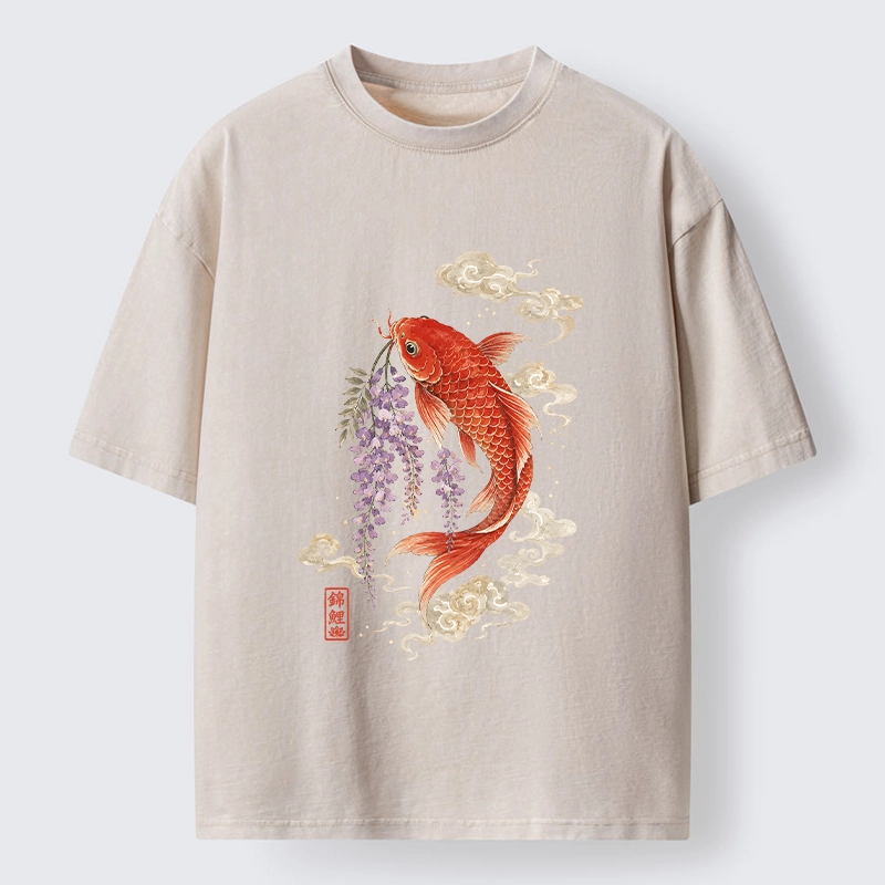 Tokyo-Tiger Soft Cloud Koi Floral Graphic Print Washed T-Shirt