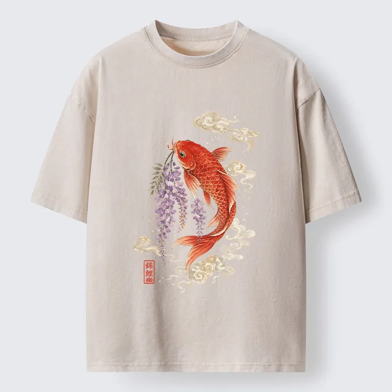 Tokyo-Tiger Soft Cloud Koi Floral Graphic Print Washed T-Shirt