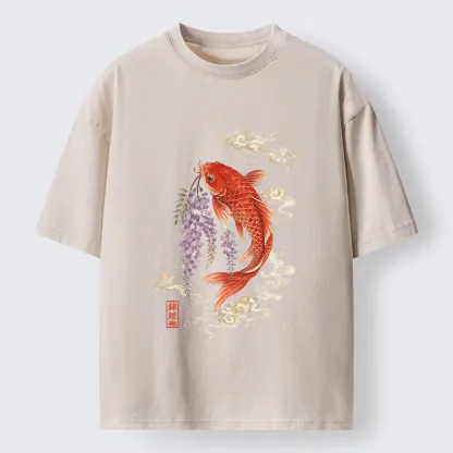 Tokyo-Tiger Soft Cloud Koi Floral Graphic Print Washed T-Shirt