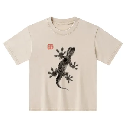 Tokyo-Tiger Minimal Asian Ink Brush Gecko Vibe Kids Washed T-Shirt
