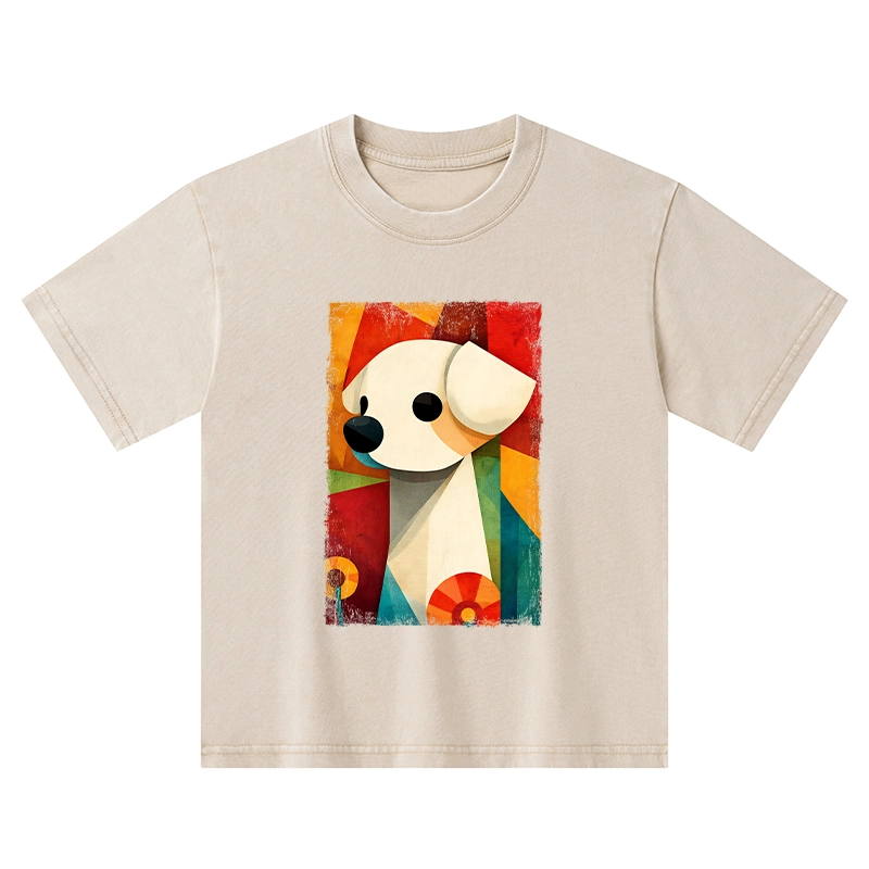 Tokyo-Tiger Retro Abstract Color Block Puppy Art Kids Washed T-Shirt