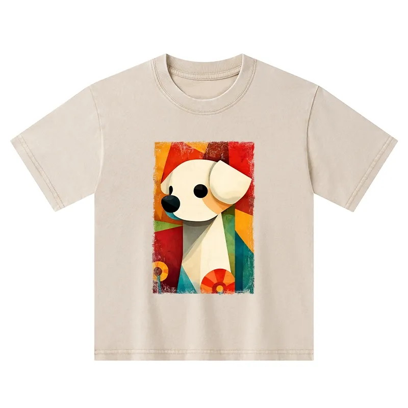 Tokyo-Tiger Retro Abstract Color Block Puppy Art Kids Washed T-Shirt