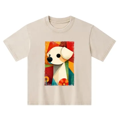 Tokyo-Tiger Retro Abstract Color Block Puppy Art Kids Washed T-Shirt